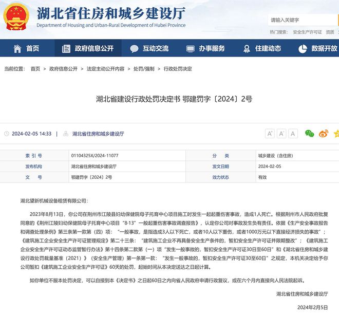 发生起重伤害事故致1死湖北望新机械设备租赁有限公司被罚(图1)