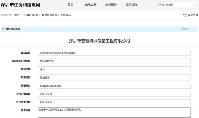 责令停工拒不停工深圳市宏新机械设备工程公司被红色警示2个月(图1) 责令停工拒不停工深圳市宏新机械设备工程公司被红色警示2个月(图1)